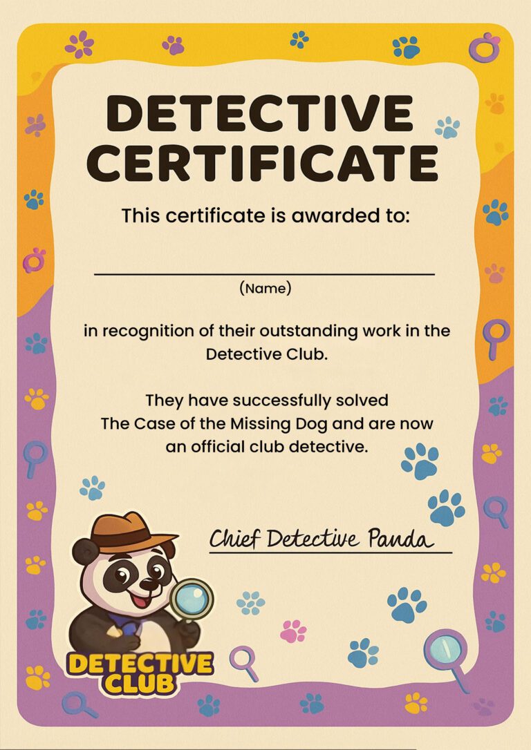 Detective Club printable certificate printable detective game for kids