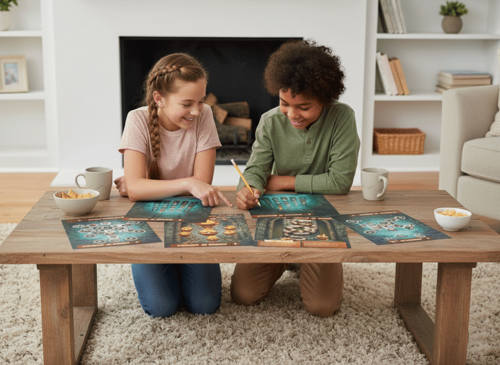 Two kids solving a temple-themed printable escape room game on puzzle sheets at a coffee table.