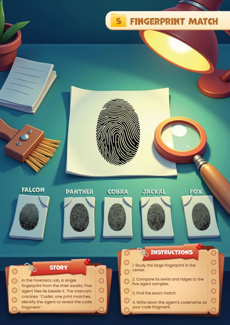 Spy Academy: The Master Key printable puzzle page – kids spy adventure game