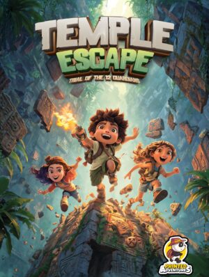 Temple Escape game cover with three kids leaping inside a jungle temple adventure.