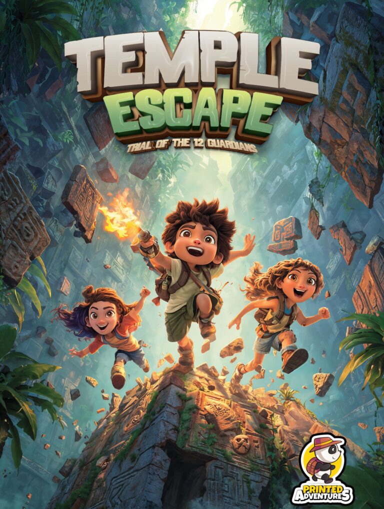 Temple Escape game cover with three kids leaping inside a jungle temple adventure.