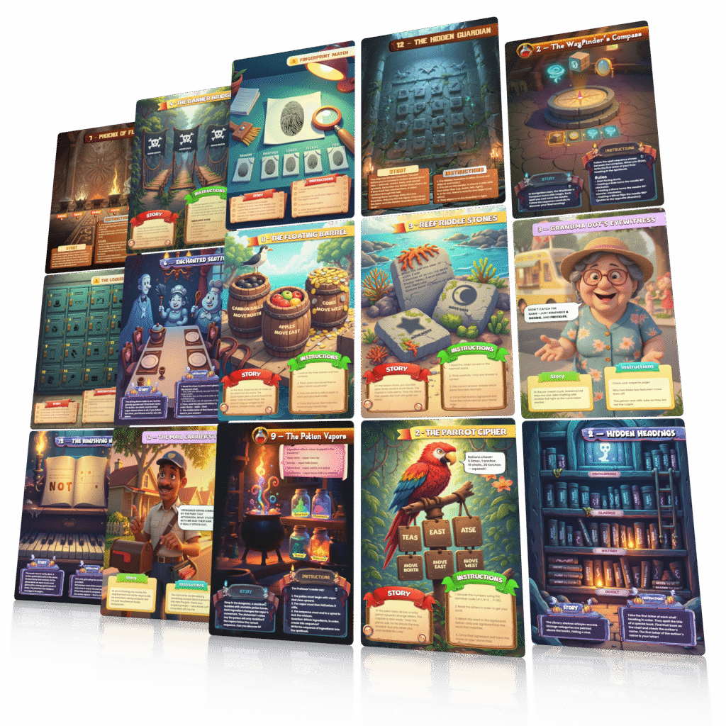A collage of colorful Printable Adventures game pages featuring puzzles, story scenes, characters, clues, and immersive escape-room style challenges for kids.