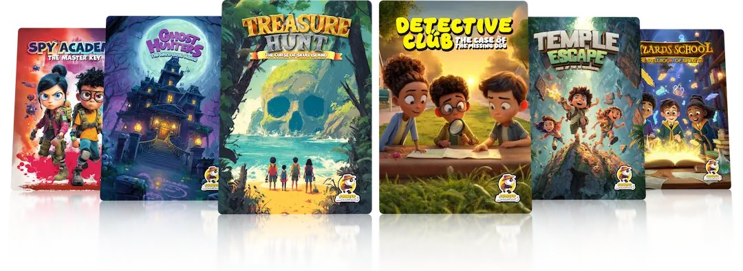 Six printable escape room game covers for kids from Printed Adventures