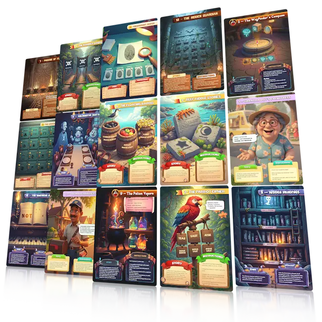 A collage of colorful Printable Adventures game pages featuring puzzles, story scenes, characters, clues, and immersive escape-room style challenges for kids.