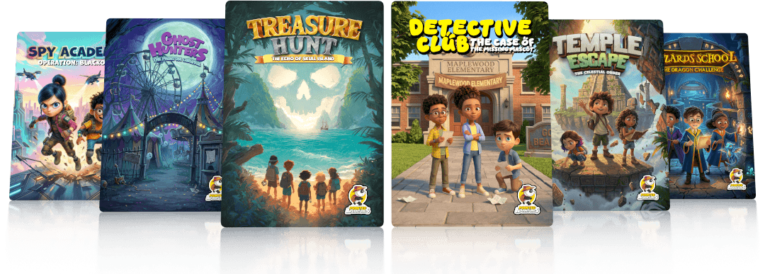 Six printable escape room game covers for kids from Printed Adventures