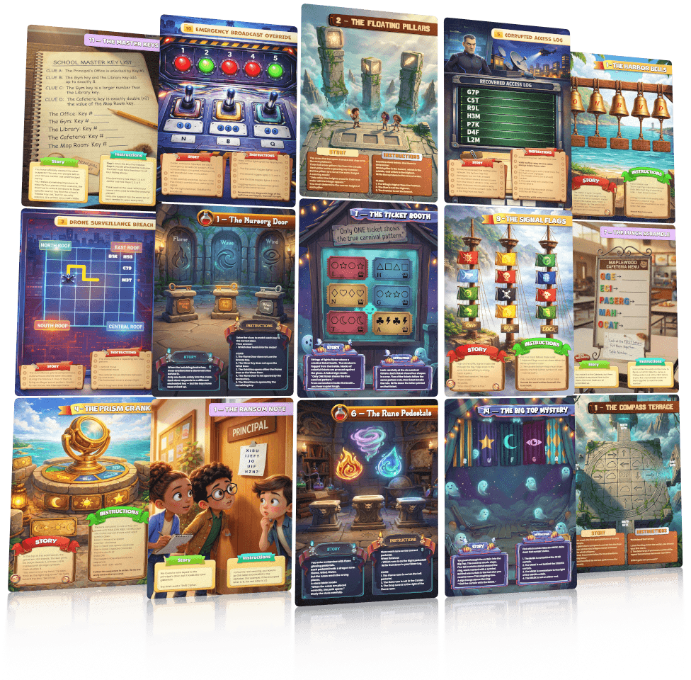 A collage of colorful Printable Adventures game pages featuring puzzles, story scenes, characters, clues, and immersive escape-room style challenges for kids.