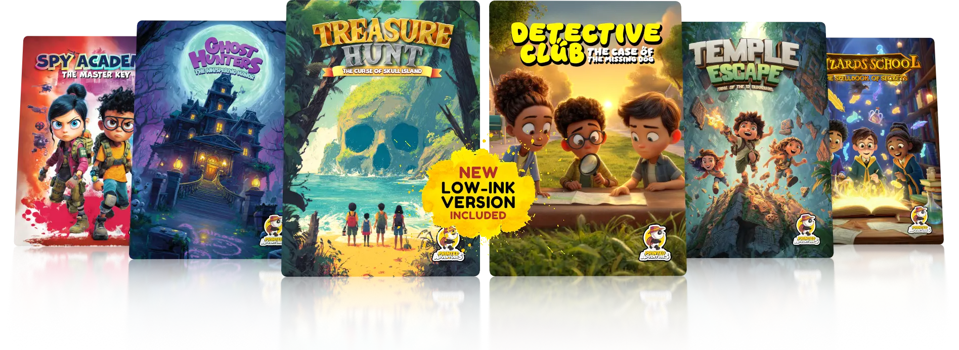 Six printable escape room game covers for kids from Printed Adventures