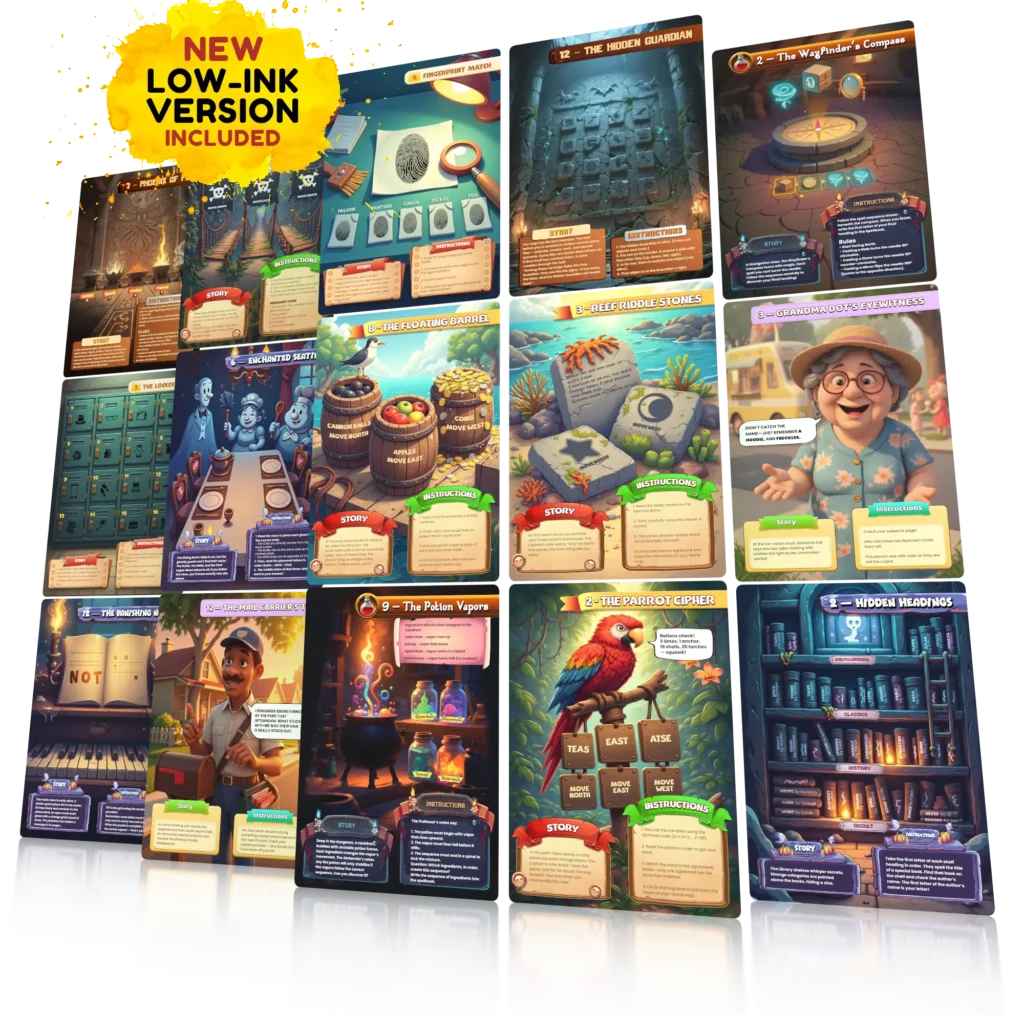 A collage of colorful Printable Adventures game pages featuring puzzles, story scenes, characters, clues, and immersive escape-room style challenges for kids.