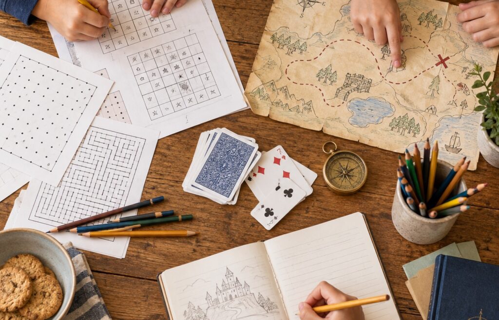 Children collaborating on paper puzzles, a treasure map, cards, and a creative story activity