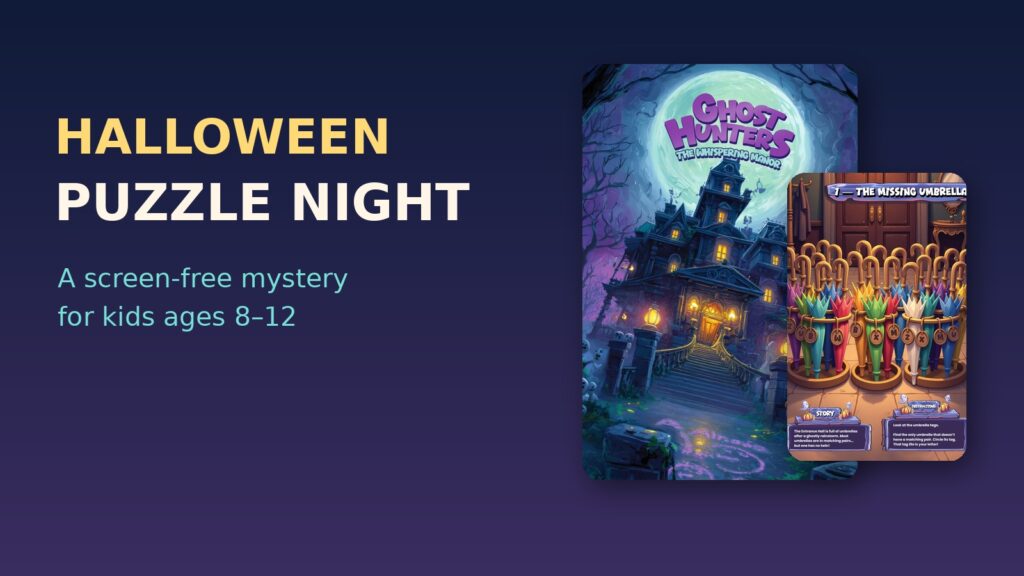 Ghost Hunters printable game cover and puzzle page for a Halloween puzzle night for kids