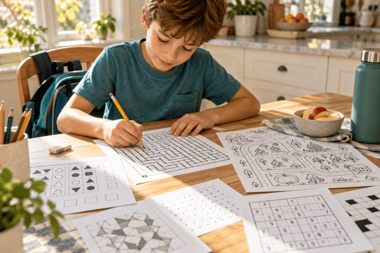 Child tracing a paper maze at a kitchen table after school with a backpack nearby