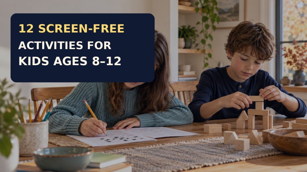 Two children enjoying screen-free activities with a paper puzzle and wooden building challenge