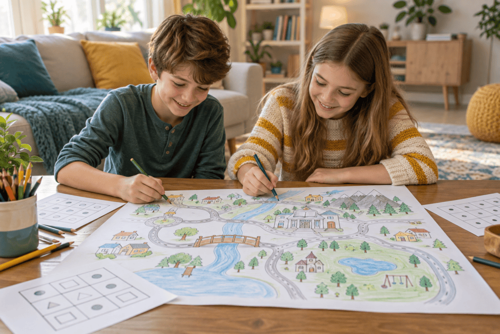blog_inside_map Two children drawing a pretend town map with roads and landmarks
