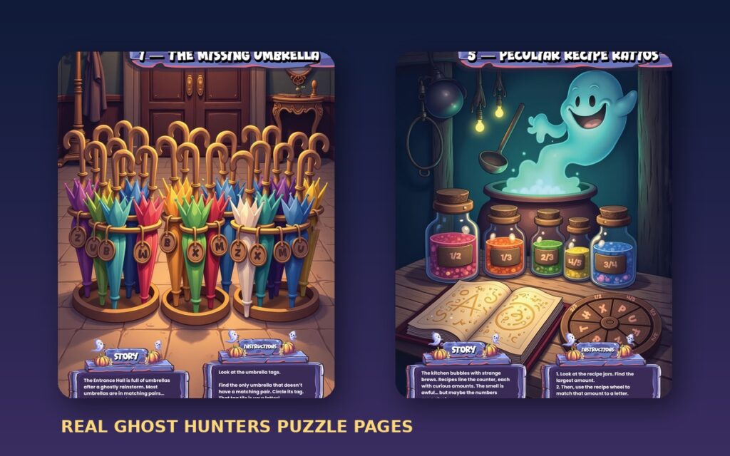 blog_inside_puzzles Two original Ghost Hunters puzzle pages with umbrellas and potion bottles