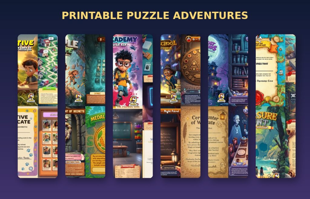 Six original Printed Adventures printable puzzle game previews for kids ages 8–12