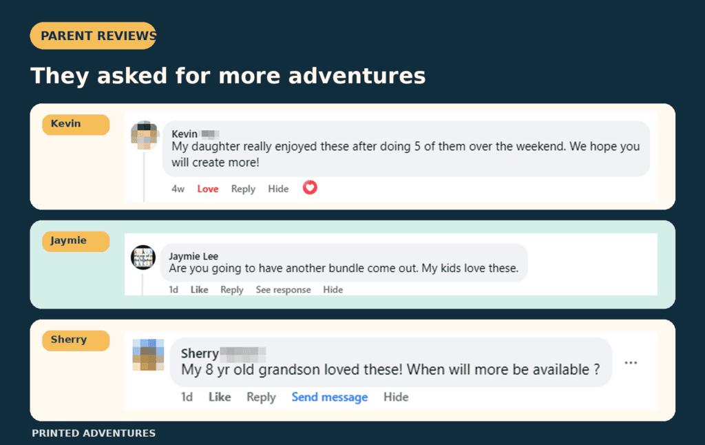 arent and grandparent comments asking for more Printed Adventures printable games