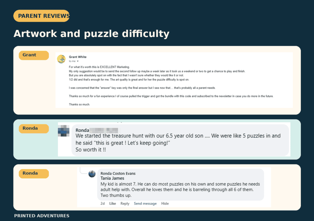 Parent feedback about puzzle difficulty and adult support in Printed Adventures games