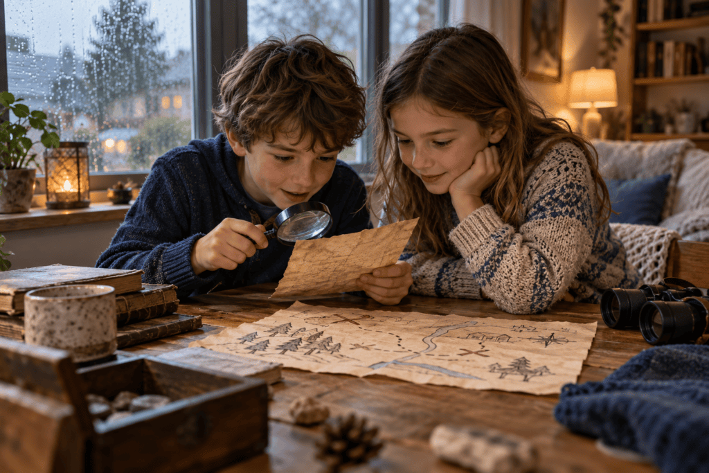 rainy days 1 Children investigating a paper clue during an indoor mystery game