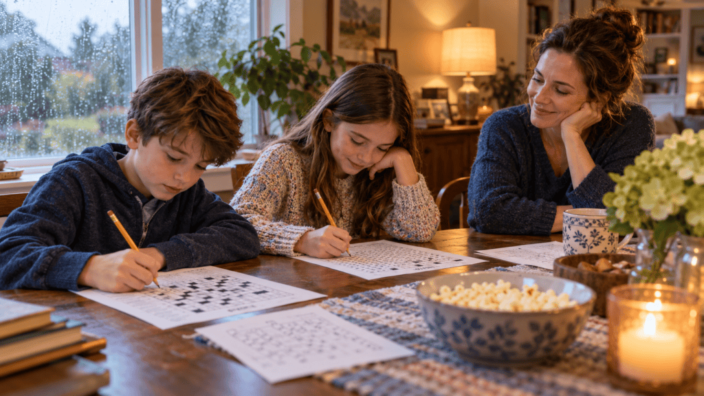 Kids solving paper puzzles at home on a rainy afternoon