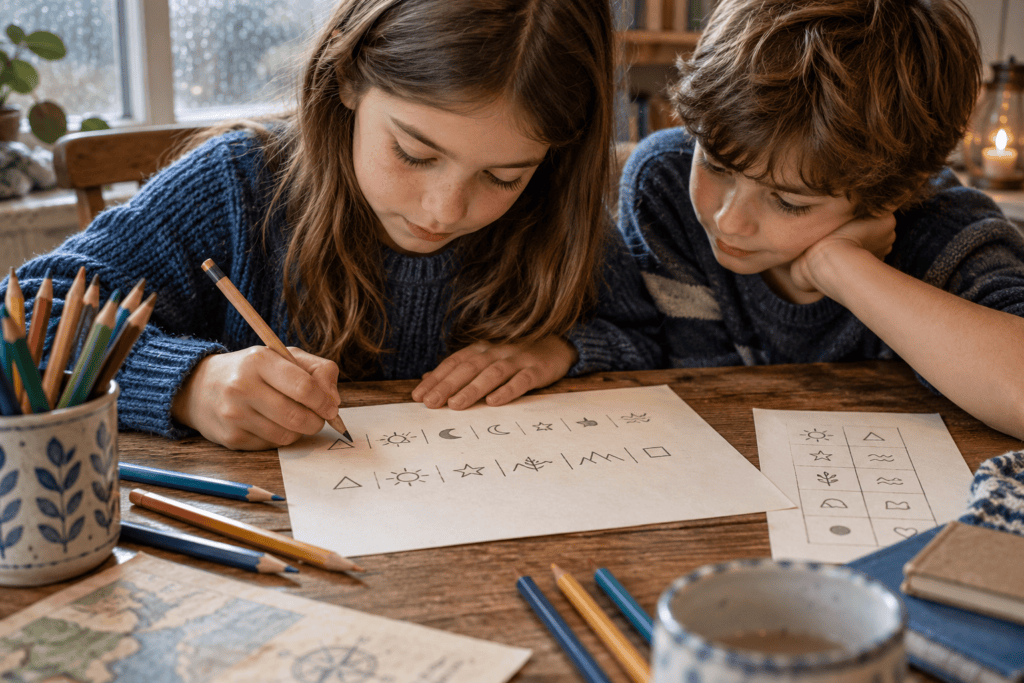 rainy days 2 Kids creating a secret code with pencil and paper