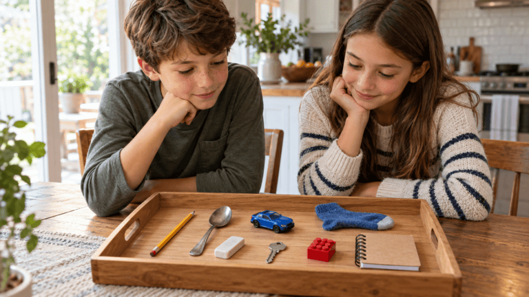 Children observing everyday objects on a tray during a homemade memory game.