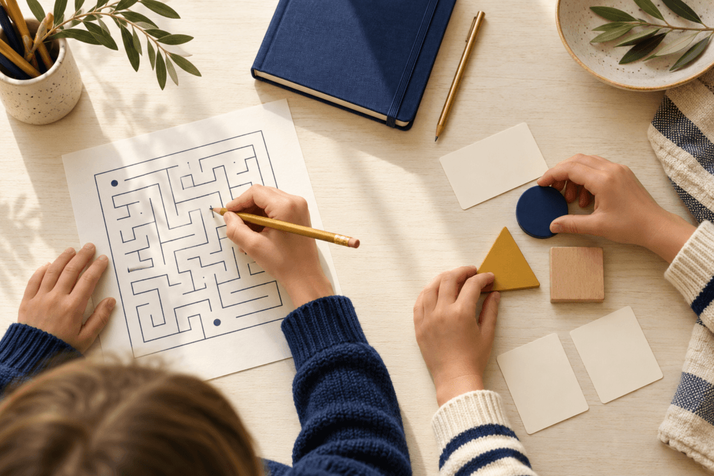 BLOG_FEATURED Children's hands using a generic paper maze and wooden shapes at a cream tabletop