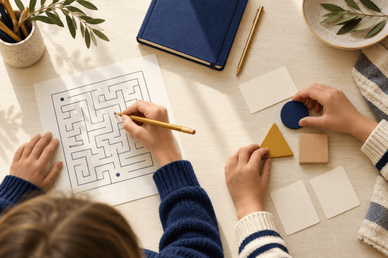 Children's hands using a generic paper maze and wooden shapes at a cream tabletop