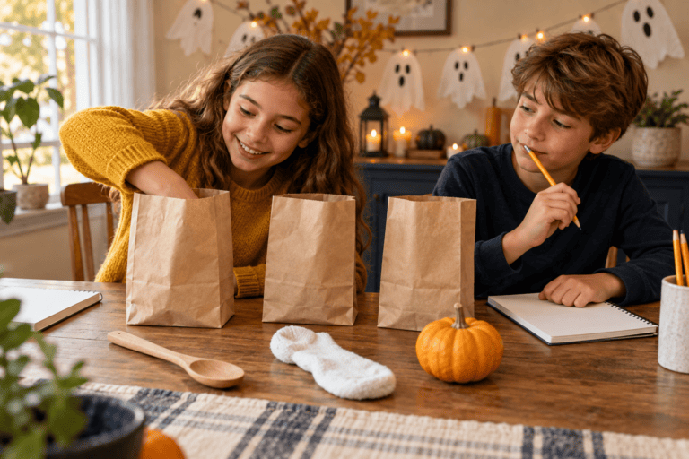 Two children playing a Halloween mystery bag game at a table with paper bags and pumpkins