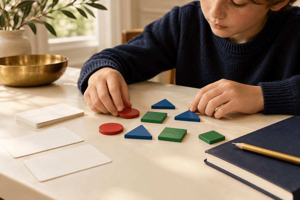 Children's hands arranging colored wooden shapes beside blank clue cards