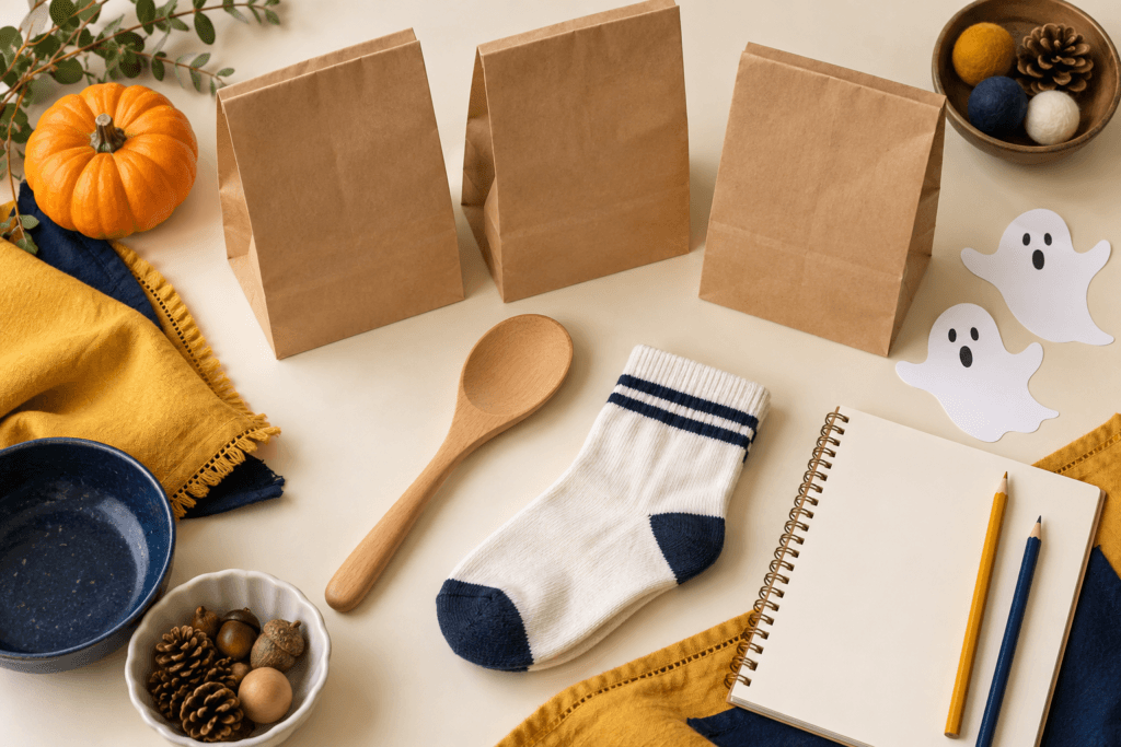 Paper bags, a wooden spoon, a folded sock, a pumpkin and pencils arranged for a homemade Halloween guessing game