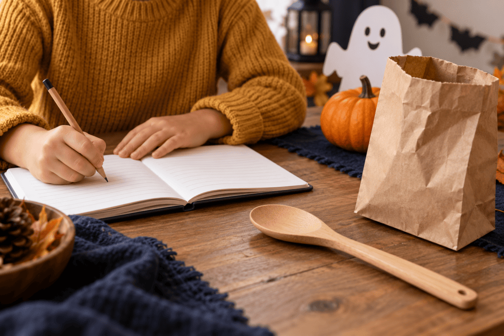 A child recording observations beside a mystery bag and a revealed wooden spoon