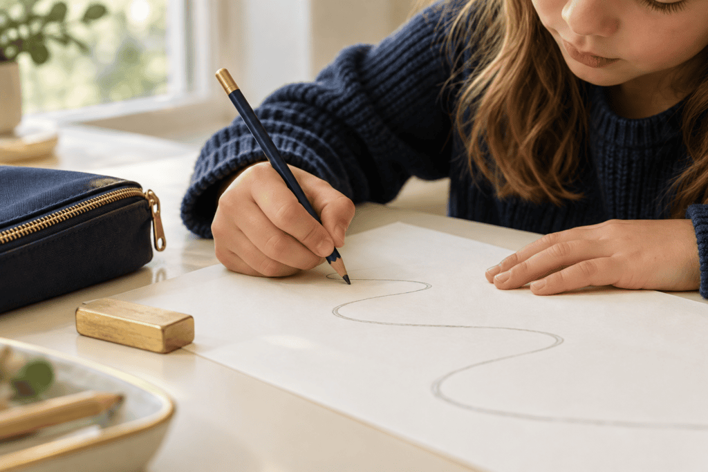 Child drawing a winding pencil path while steadying the paper with the other hand