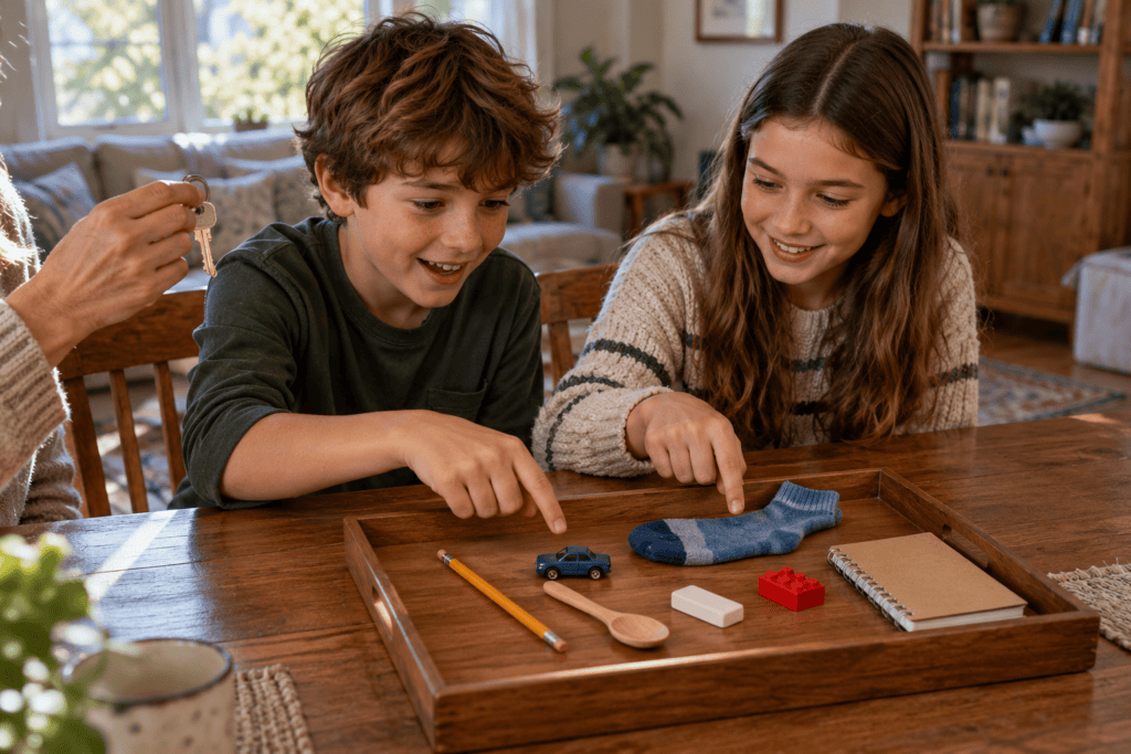 Children comparing a tray of objects after one item has been removed.