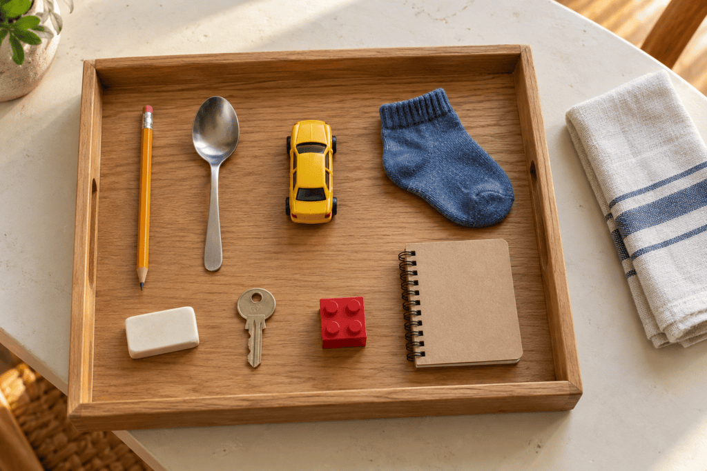 Everyday objects arranged on a wooden tray with a tea towel beside it.